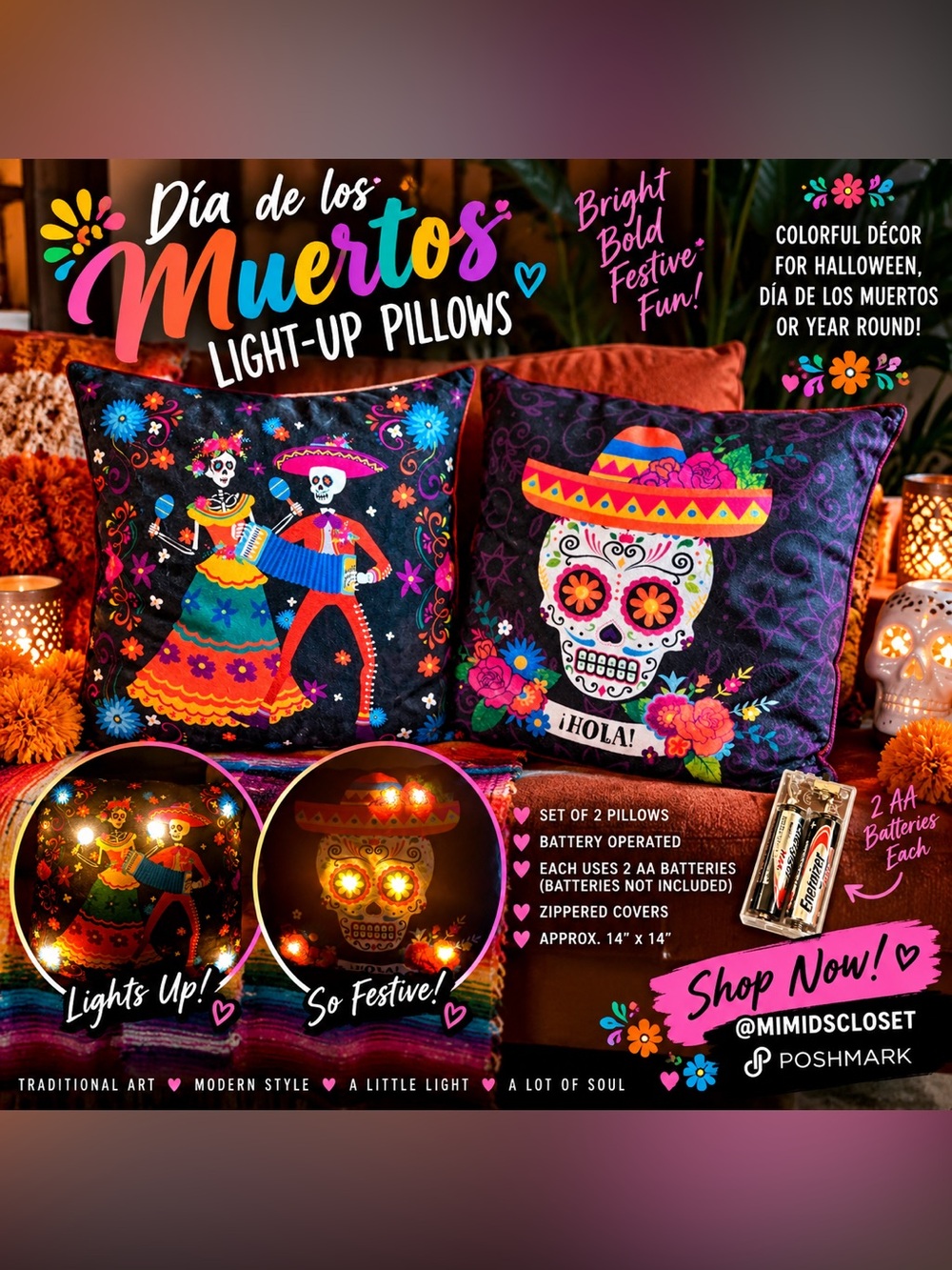 Día de los Muertos Light Up Throw Pillows Set of 2 Sugar Skull Fiesta